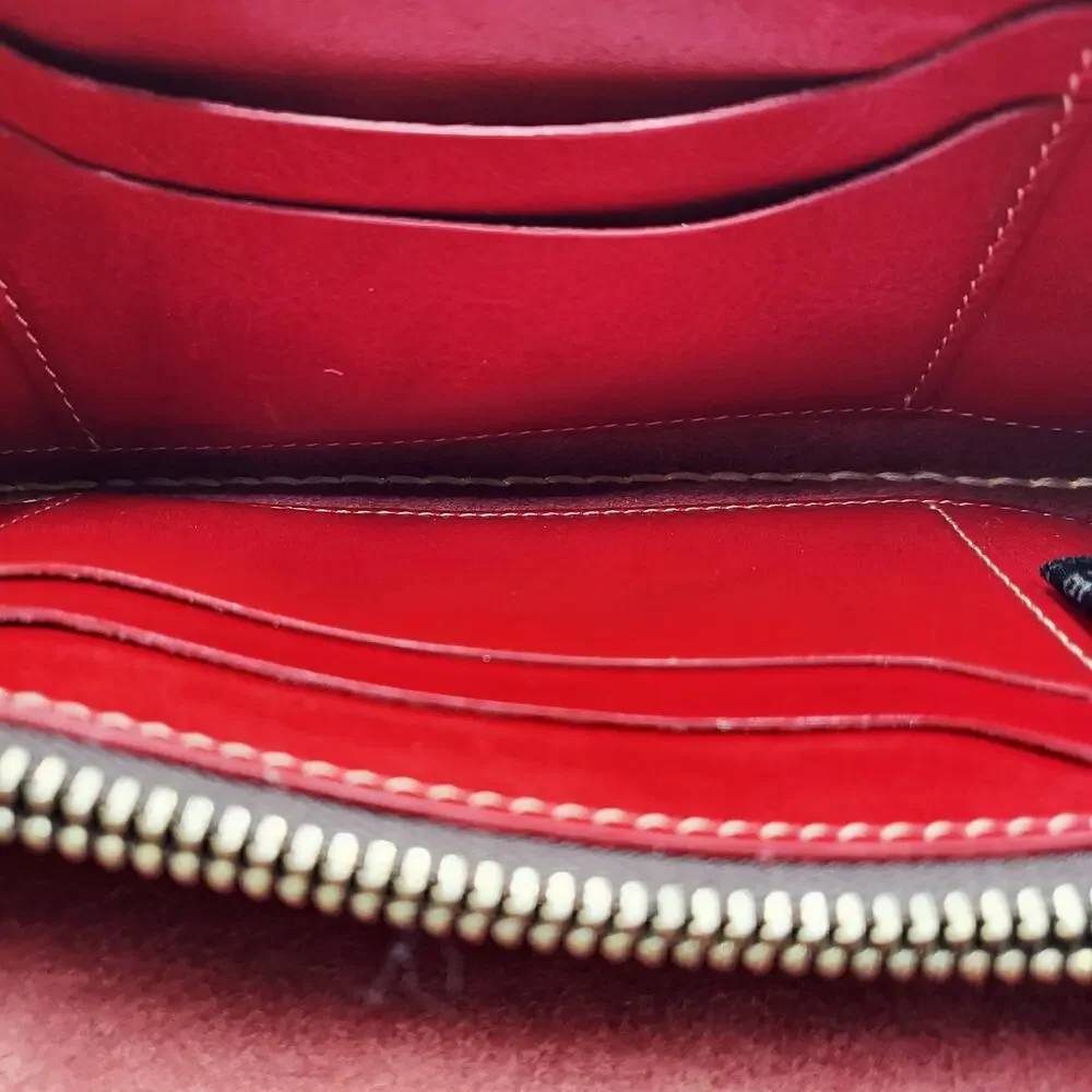 Fredd + Basha Red Leather Embroidered Daisy Snap Button Closure Accordion Wallet